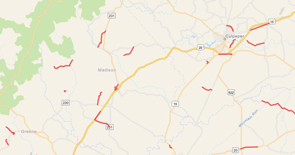 Map of routes to be paved in VDOT Culpeper District during the 2021 paving season