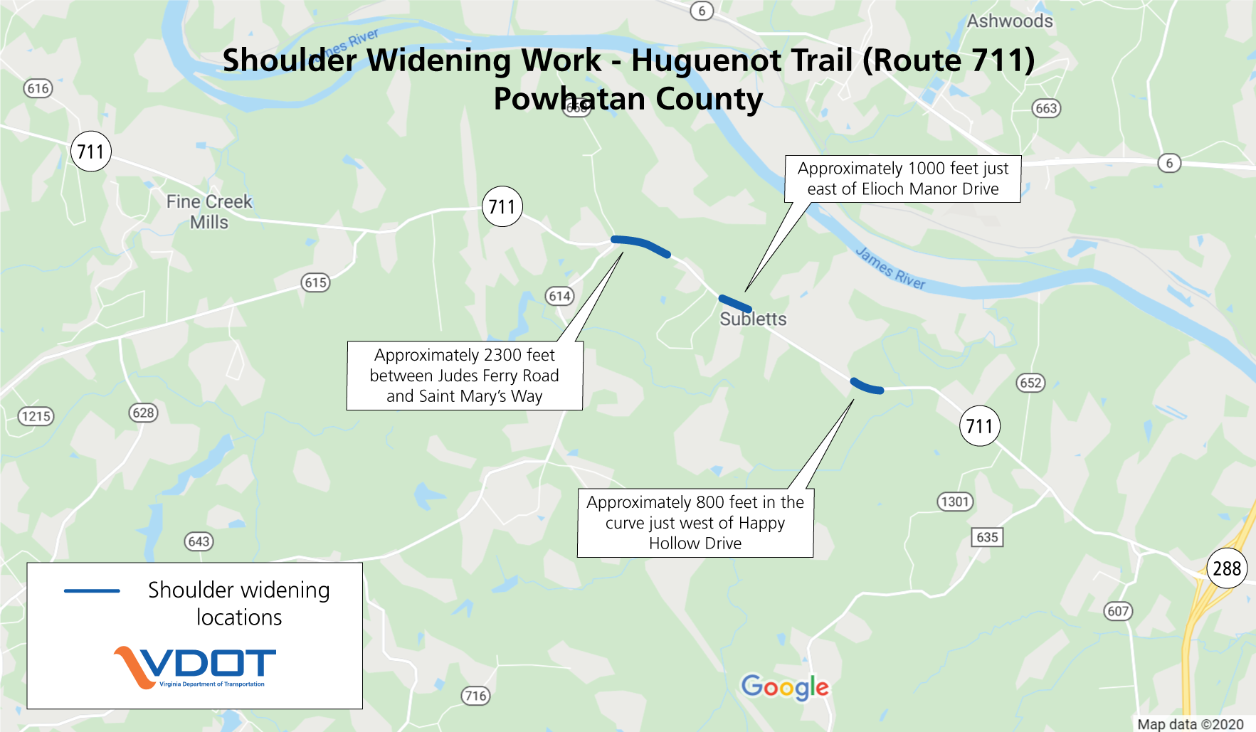 Map of shoulder widening segments on Route 711 in Powhatan County