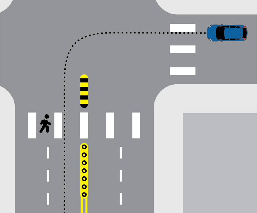 A plan view diagram of an intersection with crosswalks and a hardened centerline on one approach. The diagram shows the path of a left-turning vehicle around the modular curb and where this path intersects with the crosswalk.