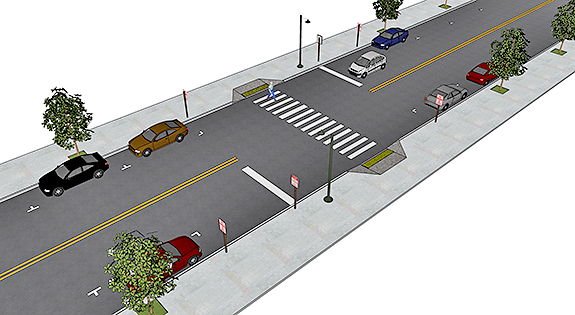 A rendering of a two-lane road with on-street parking and a mid-block high-visibility crosswalk. The crosswalk has wide longitudinal lines. A pedestrian is crossing in the crosswalk.