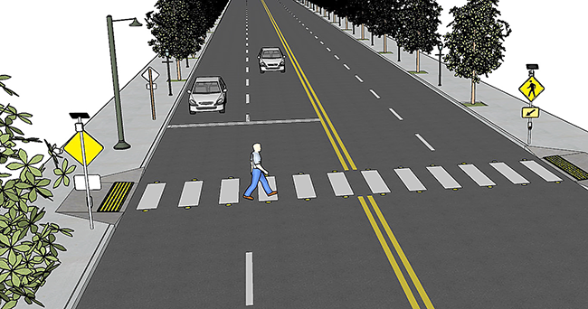 A rendering of a four-lane road with a midblock crossing. An RRFB and smart lighting is installed at the crossing. A pedestrian is crossing in the crosswalk and vehicles are yielding.