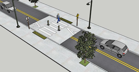A rendering of a two-lane roadway with a raised crosswalk at a mid-block crossing. A pedestrian is crossing the street and cars are yielding on both sides of the crosswalk.